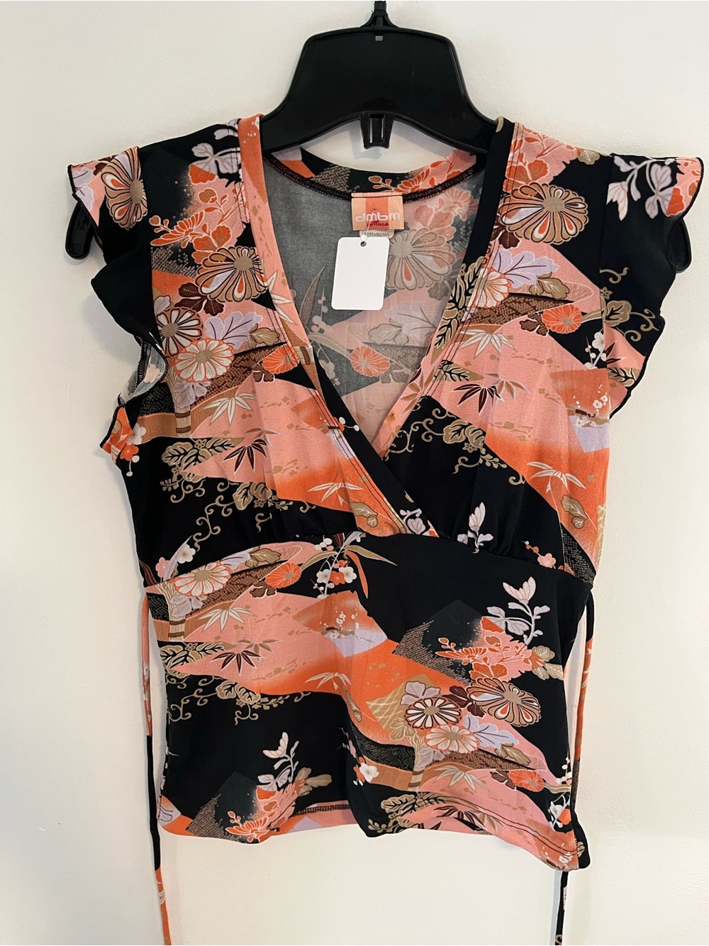 Y2K Black and Coral Floral Wrap-Style Women's Top - Size Medium